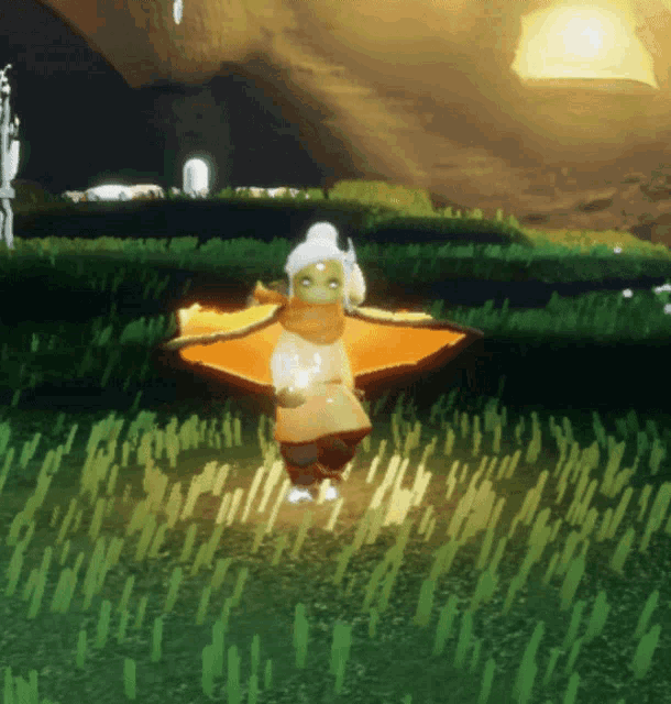 a cartoon character with wings is standing in a field of grass