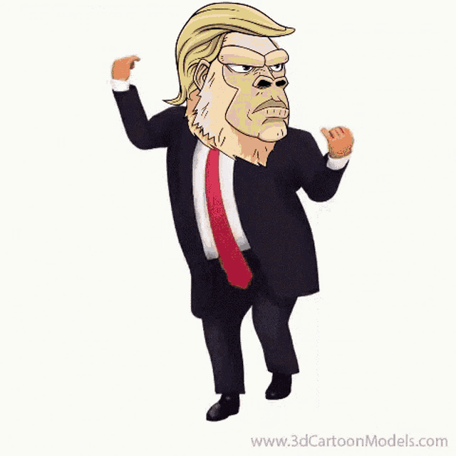 a cartoon of donald trump in a suit and tie dancing .