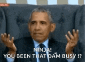 barack obama is sitting in a chair making a funny face and saying ninja !