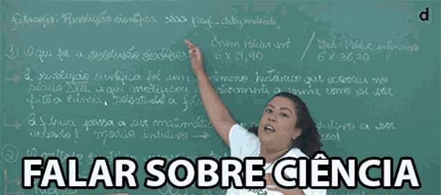 a woman stands in front of a blackboard with the words falar sobre ciencia on it