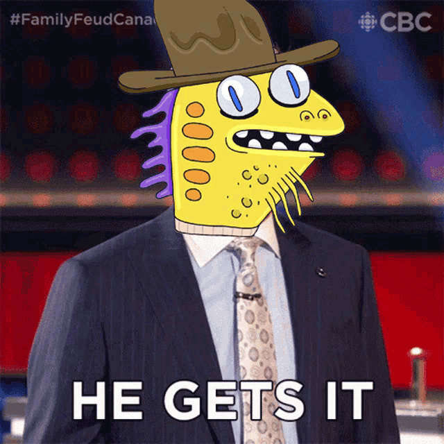 a cartoon character in a suit and tie with the words he gets it