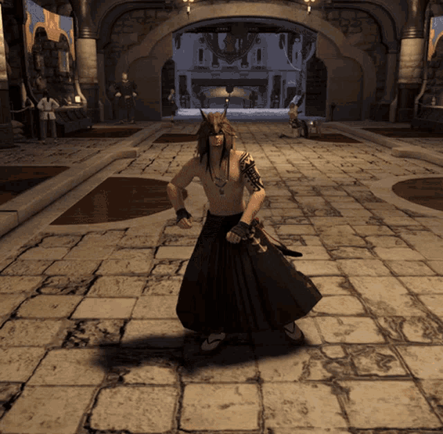 a man with horns is standing in a hallway