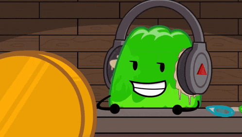 a cartoon character wearing headphones with a red triangle on them