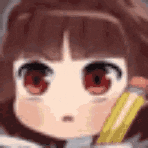 a close up of a girl 's face with red eyes and a pencil in her hand .
