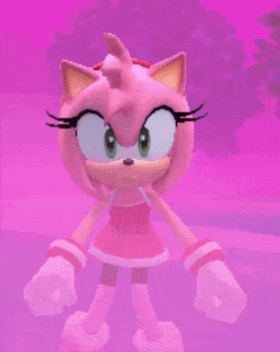 amy rose from sonic the hedgehog is standing in front of a purple background