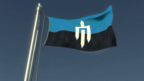 a blue black and white flag with a white arrow on it