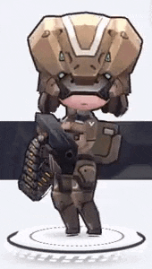 a cartoon character is holding a gun and a helmet .
