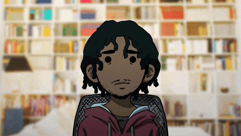 a cartoon of a man with dreadlocks and a beard sitting in front of a bookshelf