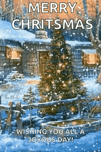 a merry christmas wishing you all a joyous day with a christmas tree in the snow