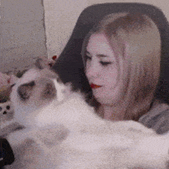a woman is sitting in a chair holding a white cat .