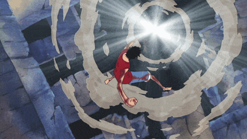 a man in a red shirt is flying through a swirl of sand