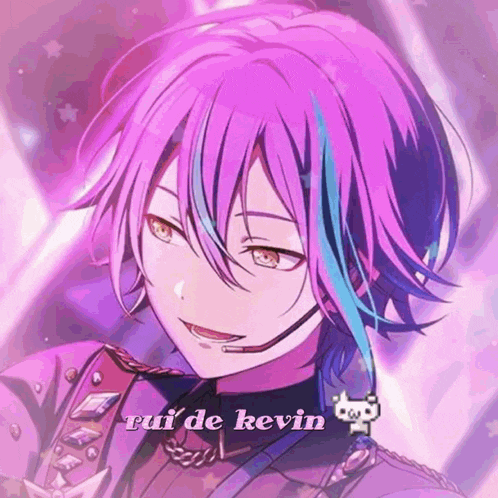 a purple haired anime character with the name rui de kevin on it