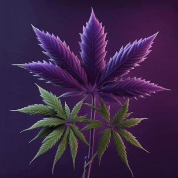 a purple and green marijuana leaf against a dark purple background