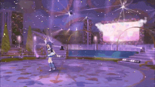 a girl in a blue dress is dancing on a purple stage