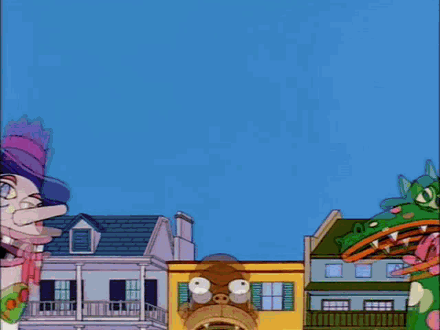 a cartoon of a witch and a dragon standing in front of a building