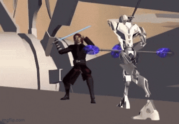 a man is fighting a robot with a sword in a video game .