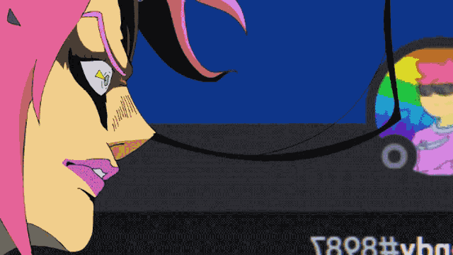 a cartoon drawing of a woman with pink hair looking at a car