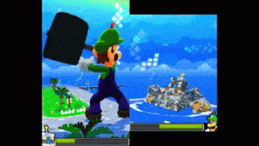 a video game shows luigi holding a hammer