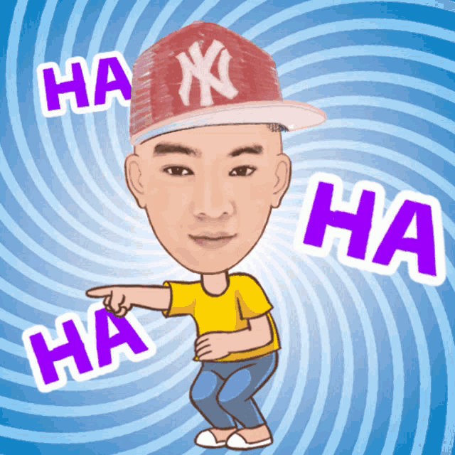 a cartoon of a man wearing a ny yankees hat is pointing