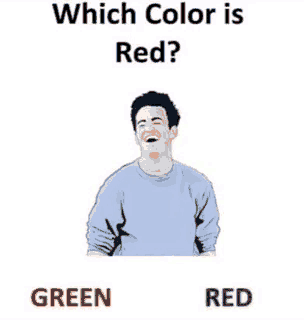 a woman is smiling while holding a cell phone with the words which color is red underneath her
