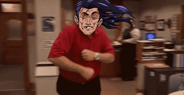 a man in a red shirt and black pants is dancing in a room