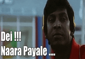 a man wearing headphones is looking at the camera with the words dei !!! naara payale written above him .