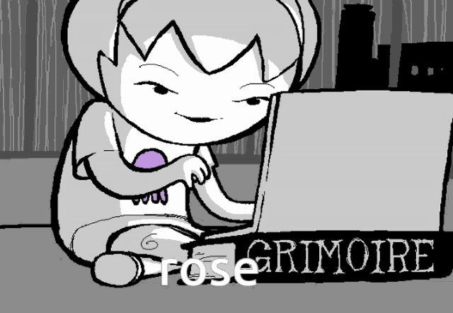 a black and white drawing of a girl using a laptop with the words rose grimoire on the bottom