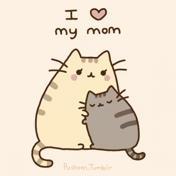 a cartoon of a cat hugging another cat with the words " i love my mom " on the bottom