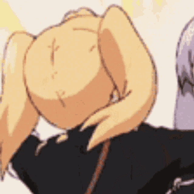 a close up of a cartoon character with a ponytail covering her head