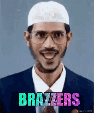 a man wearing glasses and a white hat says brazzers on the screen