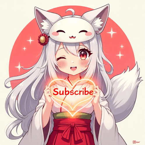 a girl with white hair is holding a heart that says " subscribe "