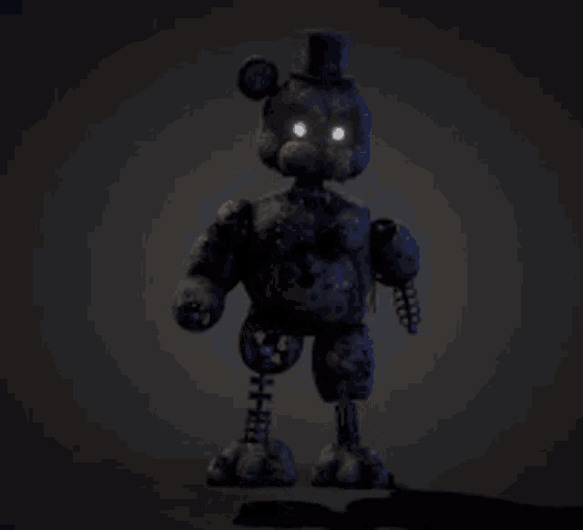 a broken freddy bear with glowing eyes is standing in the dark .