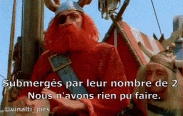 a cartoon of a man with red hair and a beard with the words " submerges par leur nombre de 2 " below