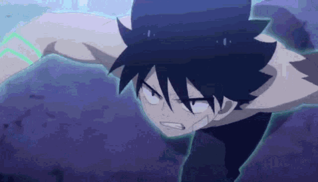 a black haired anime character is flying through the air with his arms outstretched