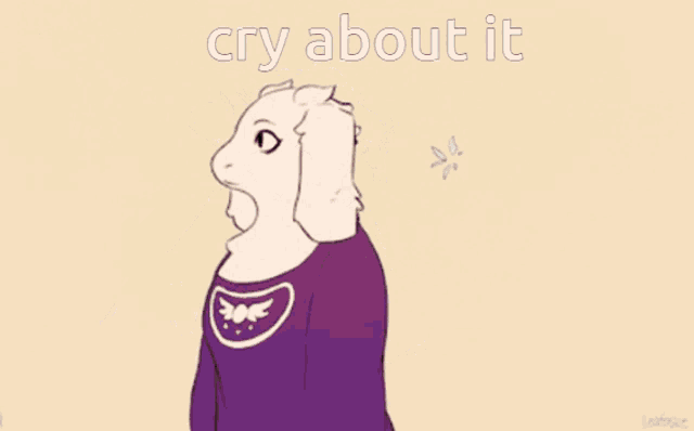 a cartoon of a goat kissing another goat with the words cry about it written on the bottom