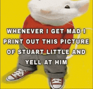 a picture of stuart little with a caption that says whenever i get mad i print out this picture