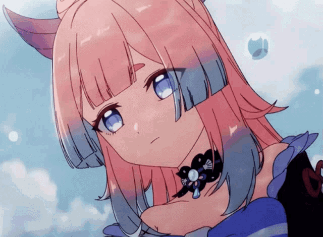 an anime girl with pink hair and blue eyes