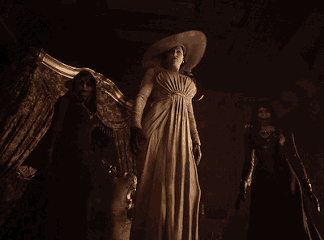 a woman in a white dress and a hat stands in a dark room