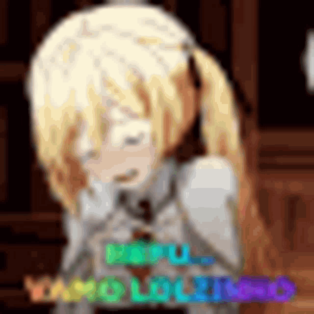 a pixel art of a girl with blonde hair and pigtails is standing in front of a wooden wall .