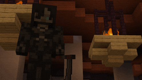 a skeleton is standing in a dark room with a fire in the background