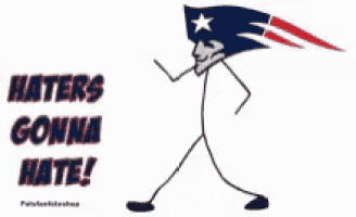 a stick figure with a patriots flag on his head walking with the words haters gonna mate