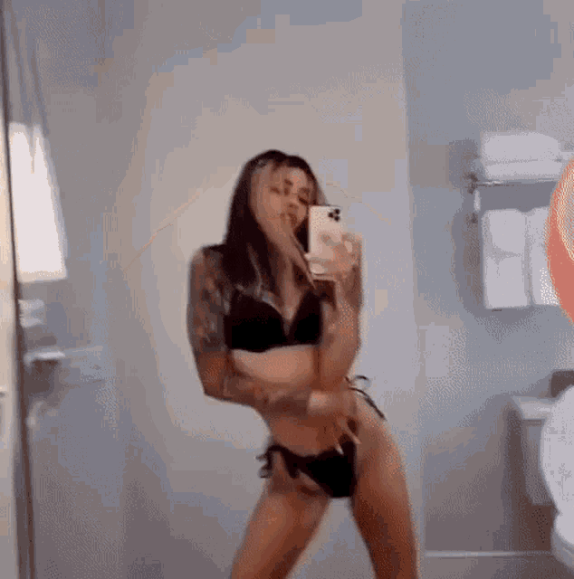 a woman in a bikini is taking a picture of herself in a bathroom .