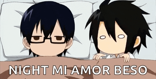 a couple of cartoon characters laying in bed with the words `` night mi amor beso '' written on the bottom .