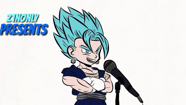 a cartoon character with blue hair is standing in front of a microphone with the words zinonly presents written above him