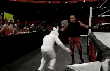 a man in a bunny costume holds hands with a wrestler in a ring