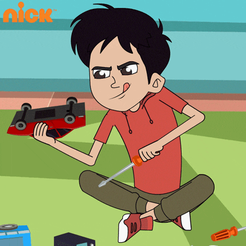 a cartoon of a boy fixing a toy car with the nick logo behind him