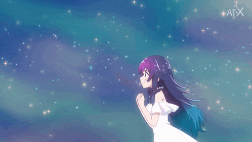 a girl in a white dress looks up at the stars with the atx logo in the corner