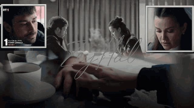 a man and a woman are sitting at a table with a cup of tea and the number 1 on the bottom