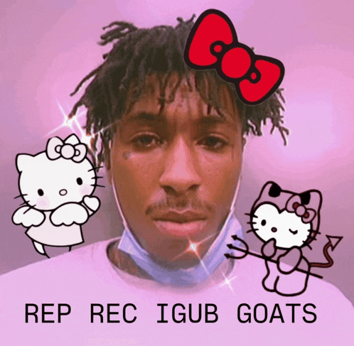 a man with a hello kitty on his head and the words rep rec igub goats