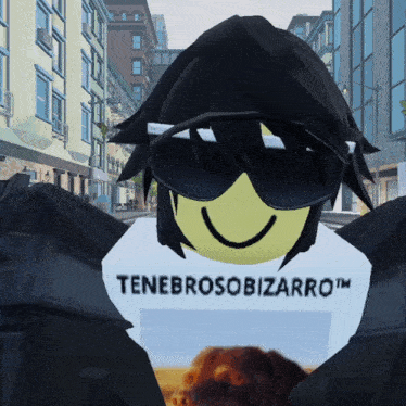 a cartoon character wearing sunglasses and a t-shirt that says tenerosobizarro